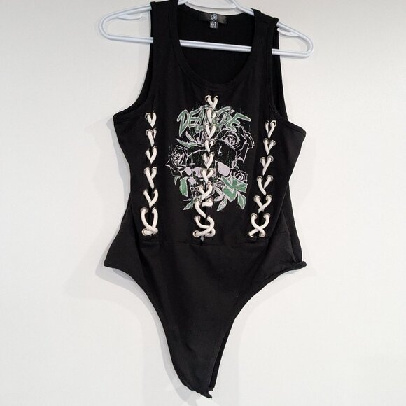 Missguided Tops - *3/$10* Missguided Graphic Tee Bodysuit with Laces Black White Size 10